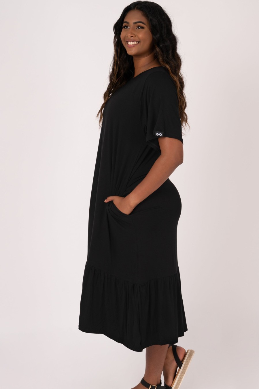 Women R2W DRESS | Black Slinky To Touch - Lazy Girl Ruffle Dress