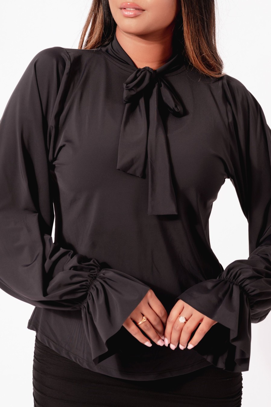 Women R2W BLOUSE | Black Slinky Silky - Boss Bish Blouse W/ Poet Sleeve