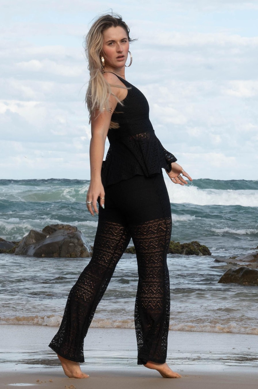 Women R2W BOOTLEG | Black Bohemian Lace - High Waisted Bootleg Pant