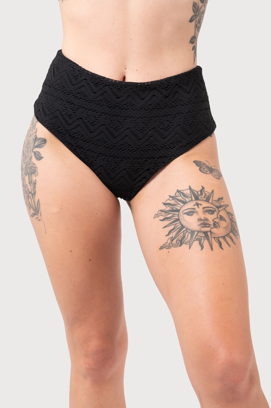 Women R2W BIKINI BOTTOMS | Black Bohemian Lace - High Waisted Cheeky Cut Bikini Bottoms