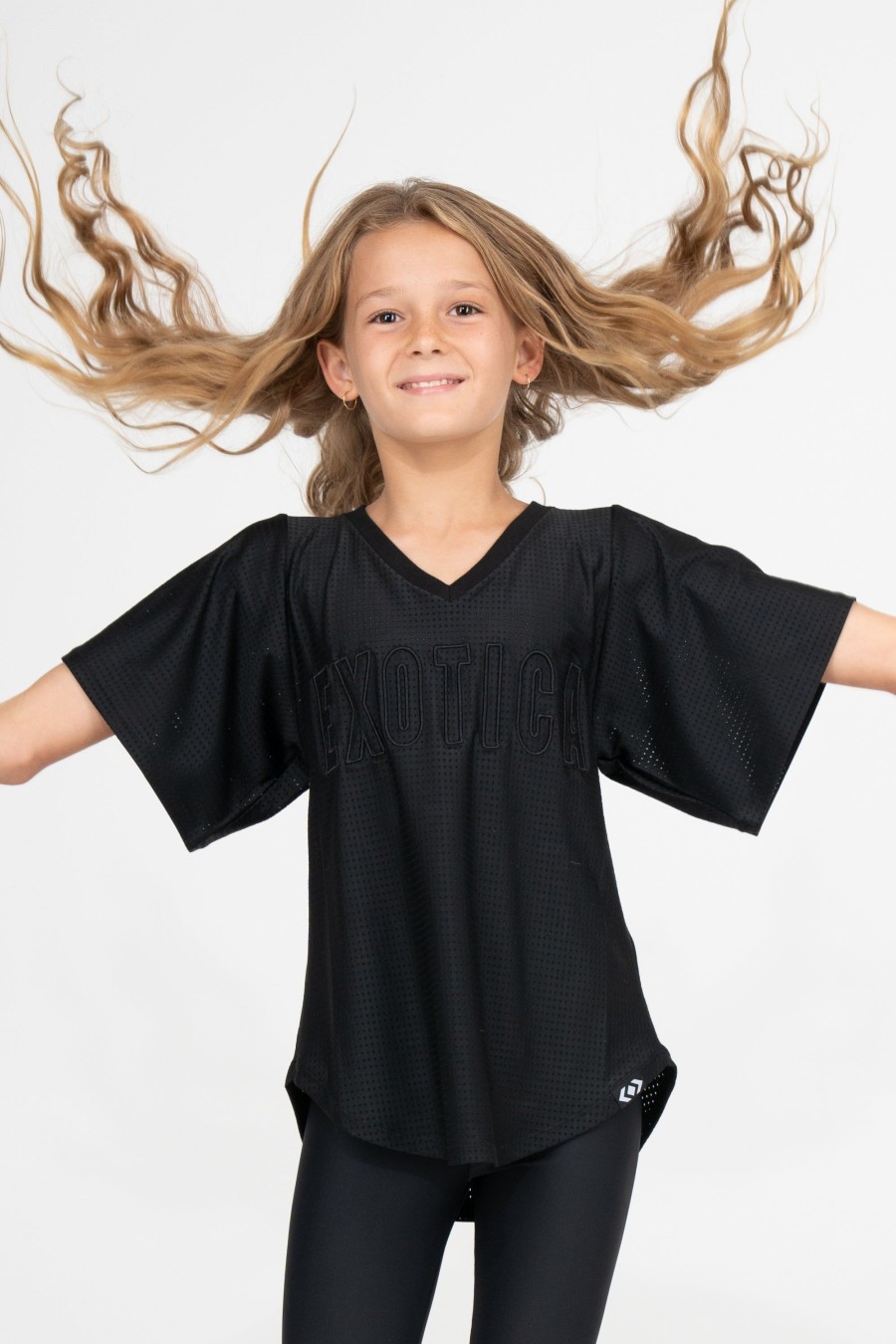 Kids R2W KIDS BOYFRIEND TEE | Black Bball Mesh - Kids V Neck Exotica Black Embroidered Boyfriend Tee