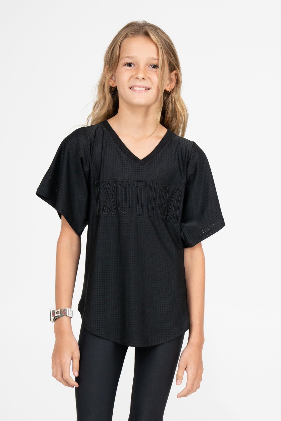 Kids R2W KIDS BOYFRIEND TEE | Black Bball Mesh - Kids V Neck Exotica Black Embroidered Boyfriend Tee