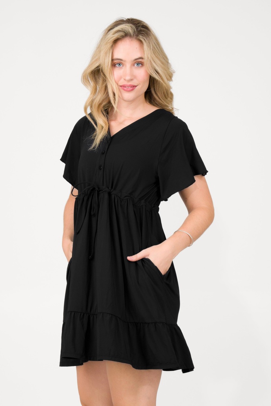 Women R2W DRESS | Black Slinky Silky - Button Up Drawstring Mini Dress