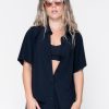 Women R2W BUTTON UP BOYFRIEND TEE | Black Slinky Silky - Button Up Boyfriend Tee