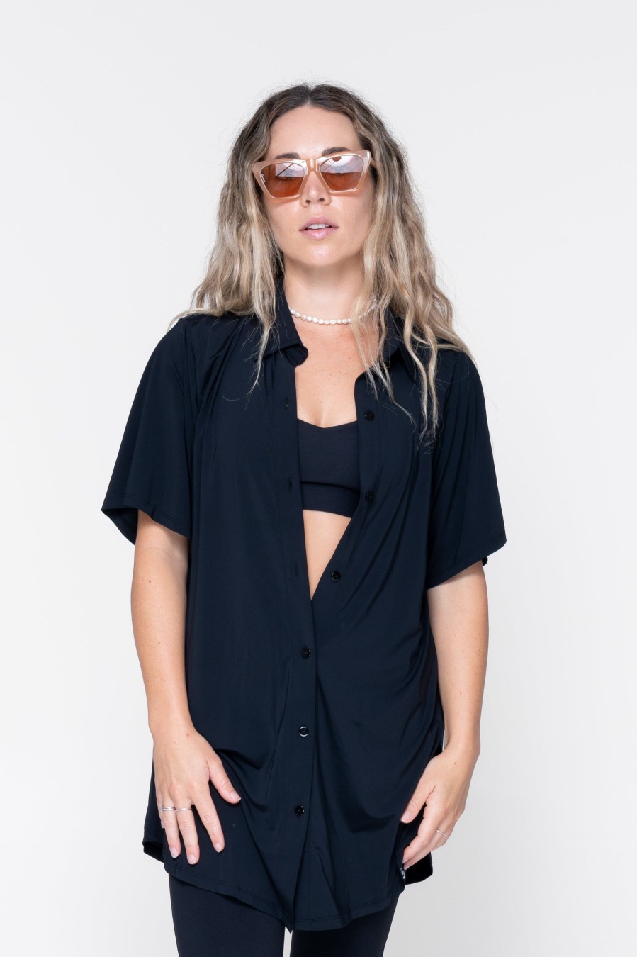 Women R2W BUTTON UP BOYFRIEND TEE | Black Slinky Silky - Button Up Boyfriend Tee