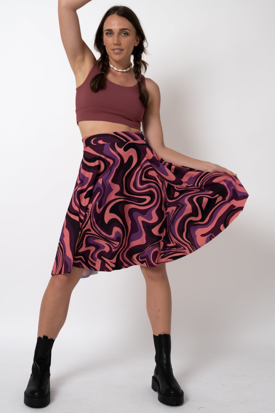 Women R2W SKIRTS | Stay Wavy Baby Berry Silky - Narrow Waisted Midi Skater Skirt W/ Pockets