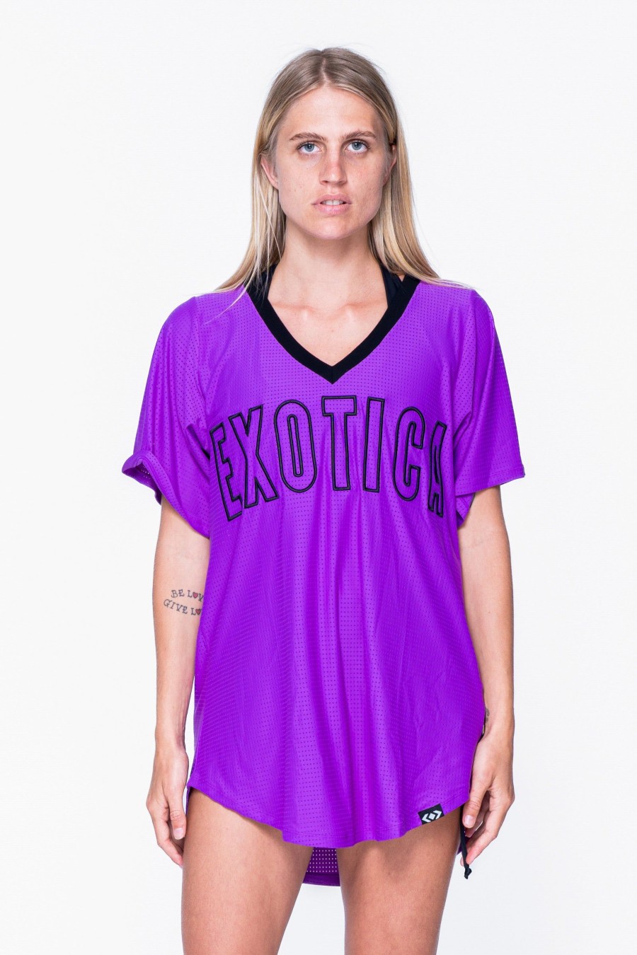 Women R2W BOYFRIEND TEE | Purple Bball Mesh - V Neck Exotica Black Embroidered Boyfriend Tee