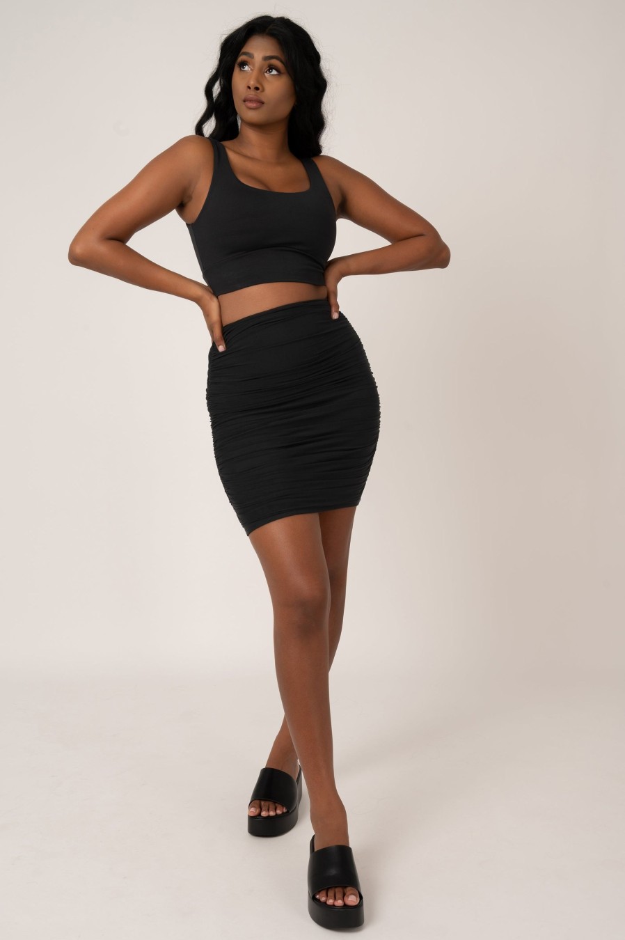 Women R2W SKIRTS | Black Body Contouring - Mesh Ruched Mini Skirt