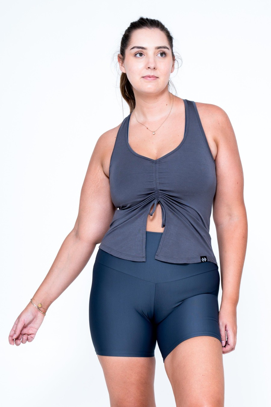 Women R2W TANK TOP | Dark Charcoal Slinky To Touch - Racer Back Tank Top W/ Cinched Front