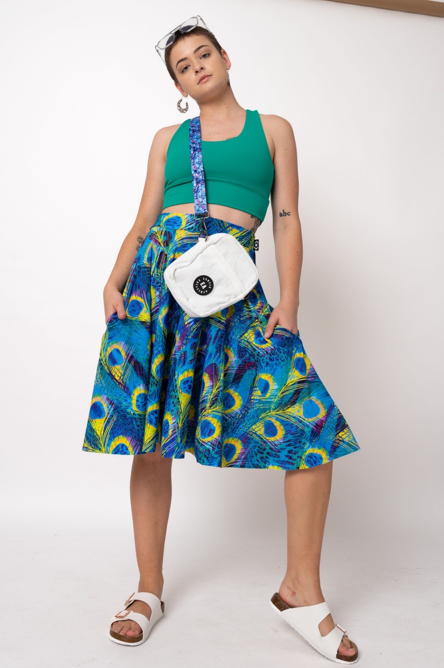 Women R2W SKIRTS | Show Off Blue Silky - Narrow Waisted Midi Skater Skirt W/ Pockets