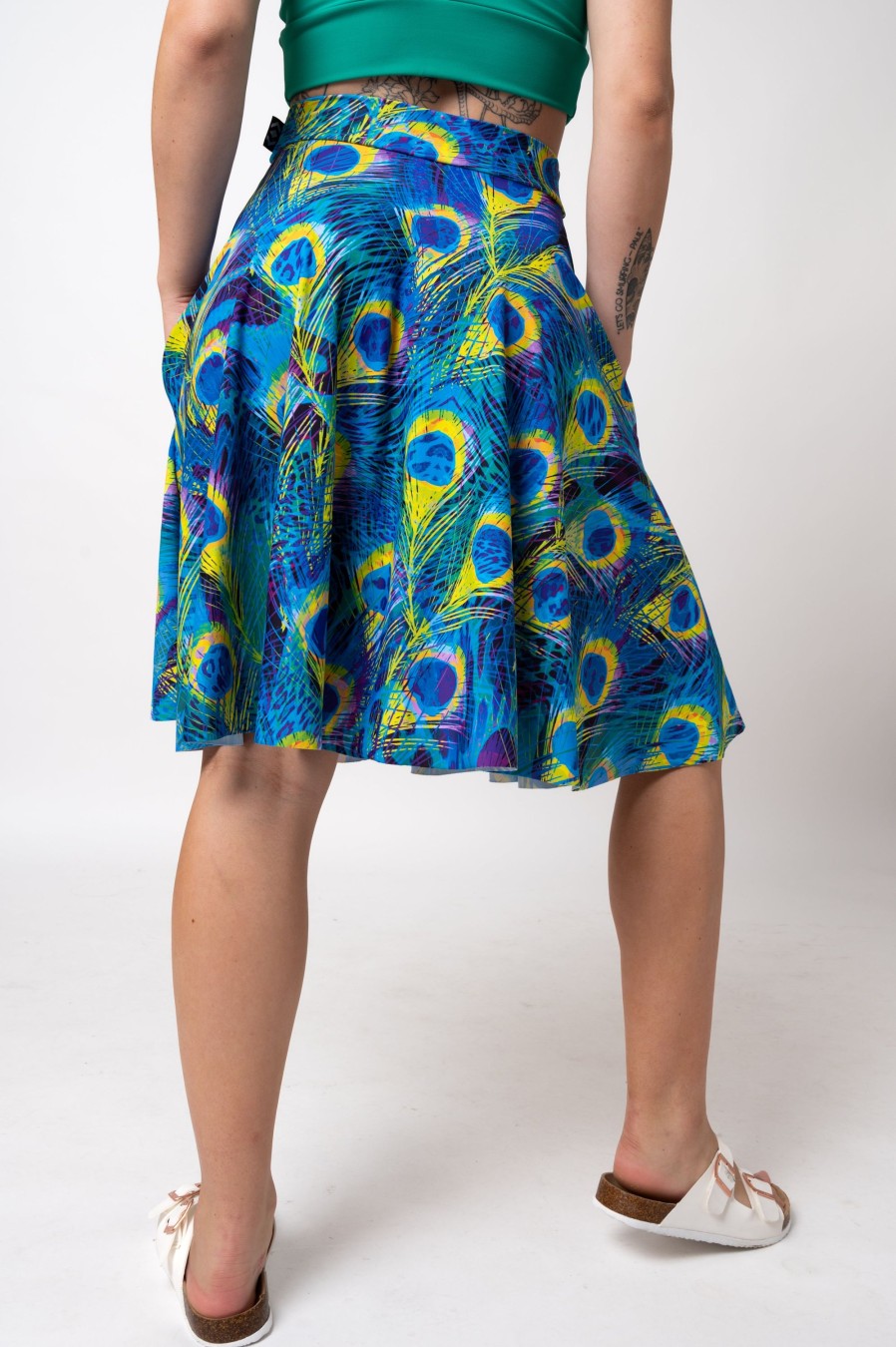 Women R2W SKIRTS | Show Off Blue Silky - Narrow Waisted Midi Skater Skirt W/ Pockets