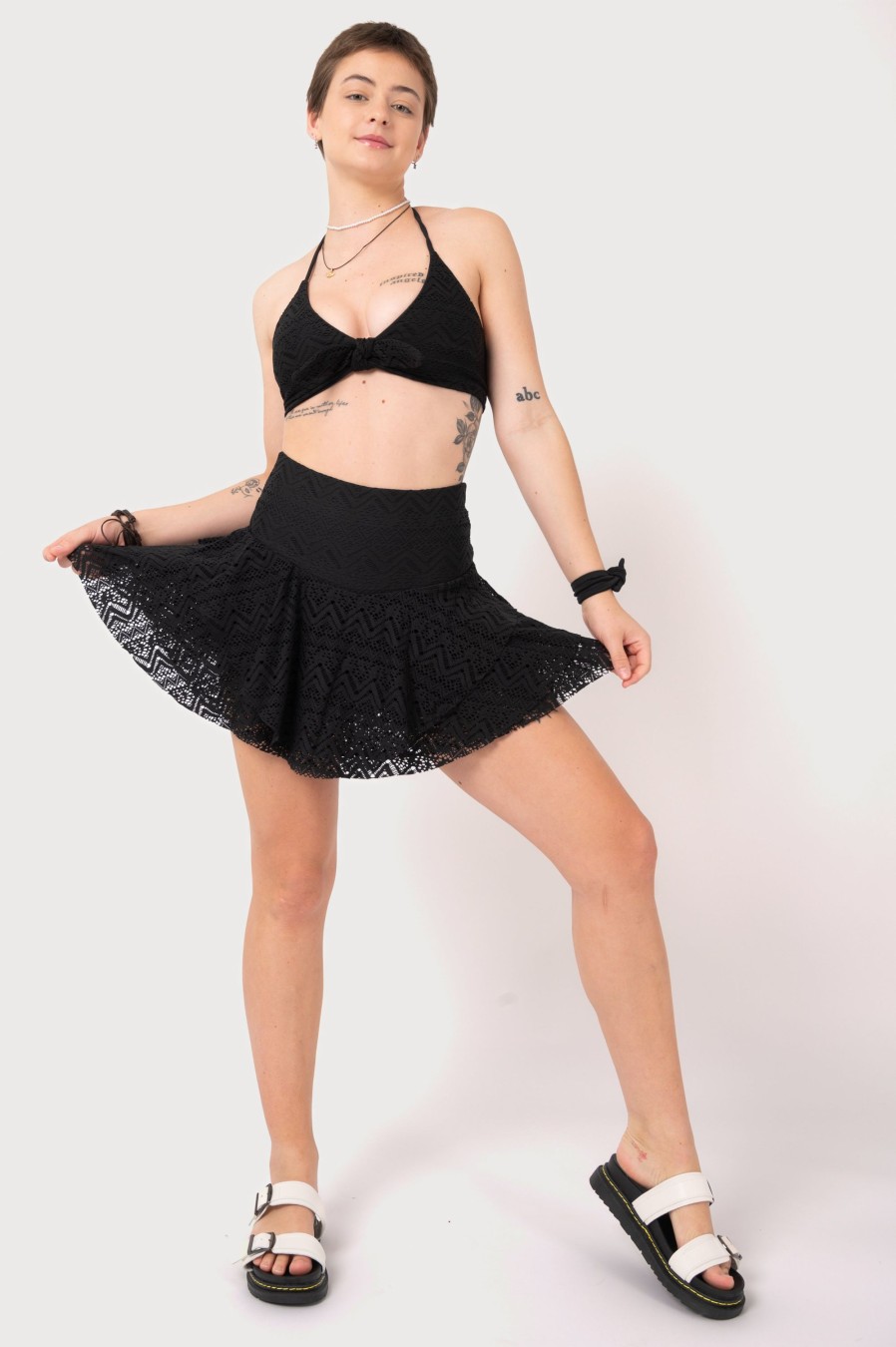 Women R2W SKORTS | Black Bohemian Lace - High Waisted Ruffle Skort