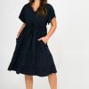 Women R2W DRESS | Black Slinky Silky - Button Up Drawstring Midi Dress