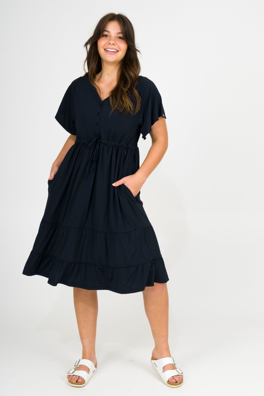 Women R2W DRESS | Black Slinky Silky - Button Up Drawstring Midi Dress