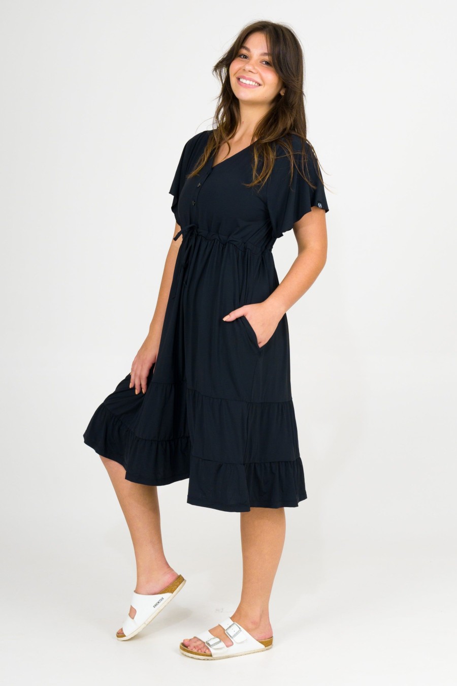 Women R2W DRESS | Black Slinky Silky - Button Up Drawstring Midi Dress