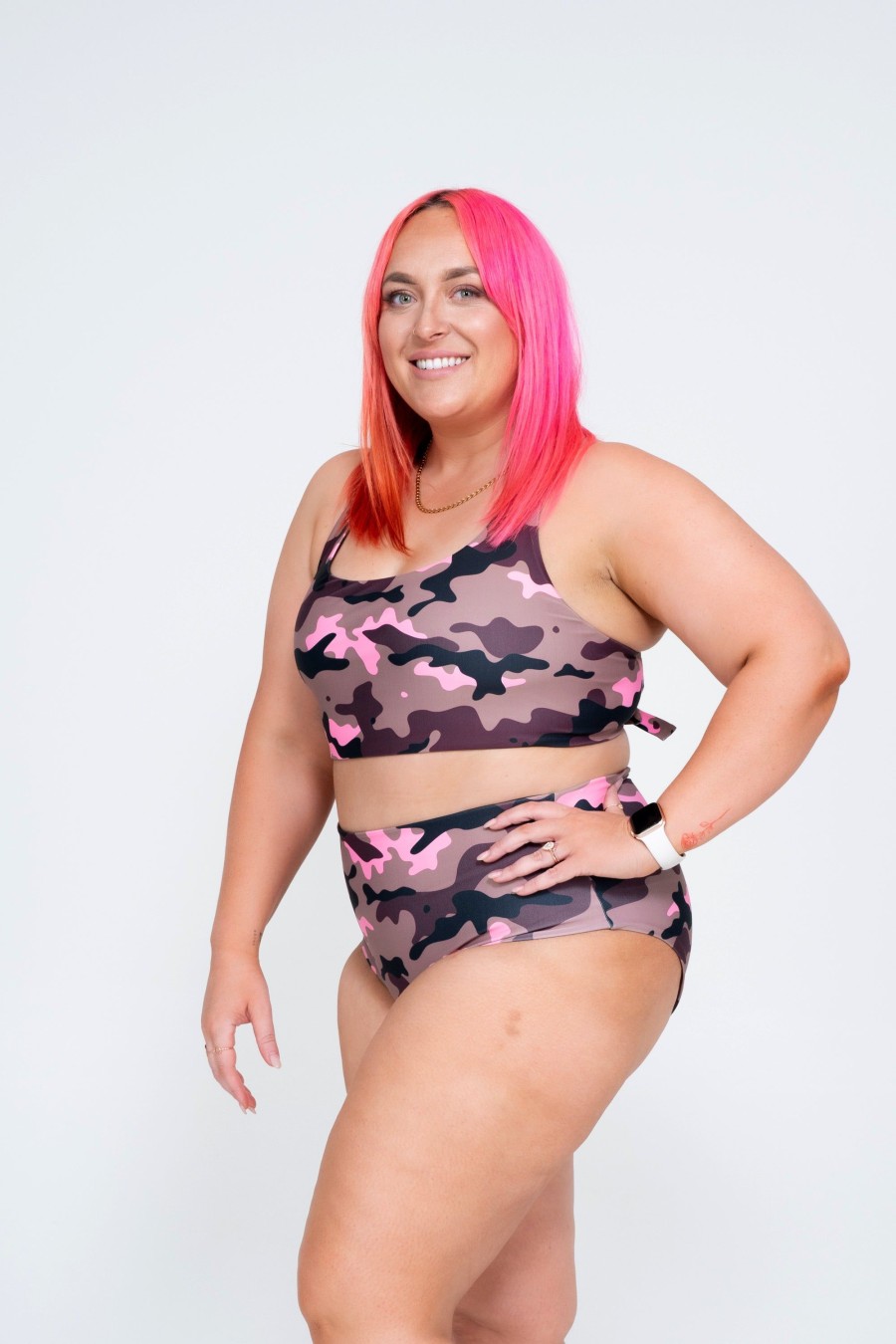 Women R2W BIKINI BOTTOMS | Camo Crush Pink Performance - High Waisted Extra Coverage Bikini Bottoms