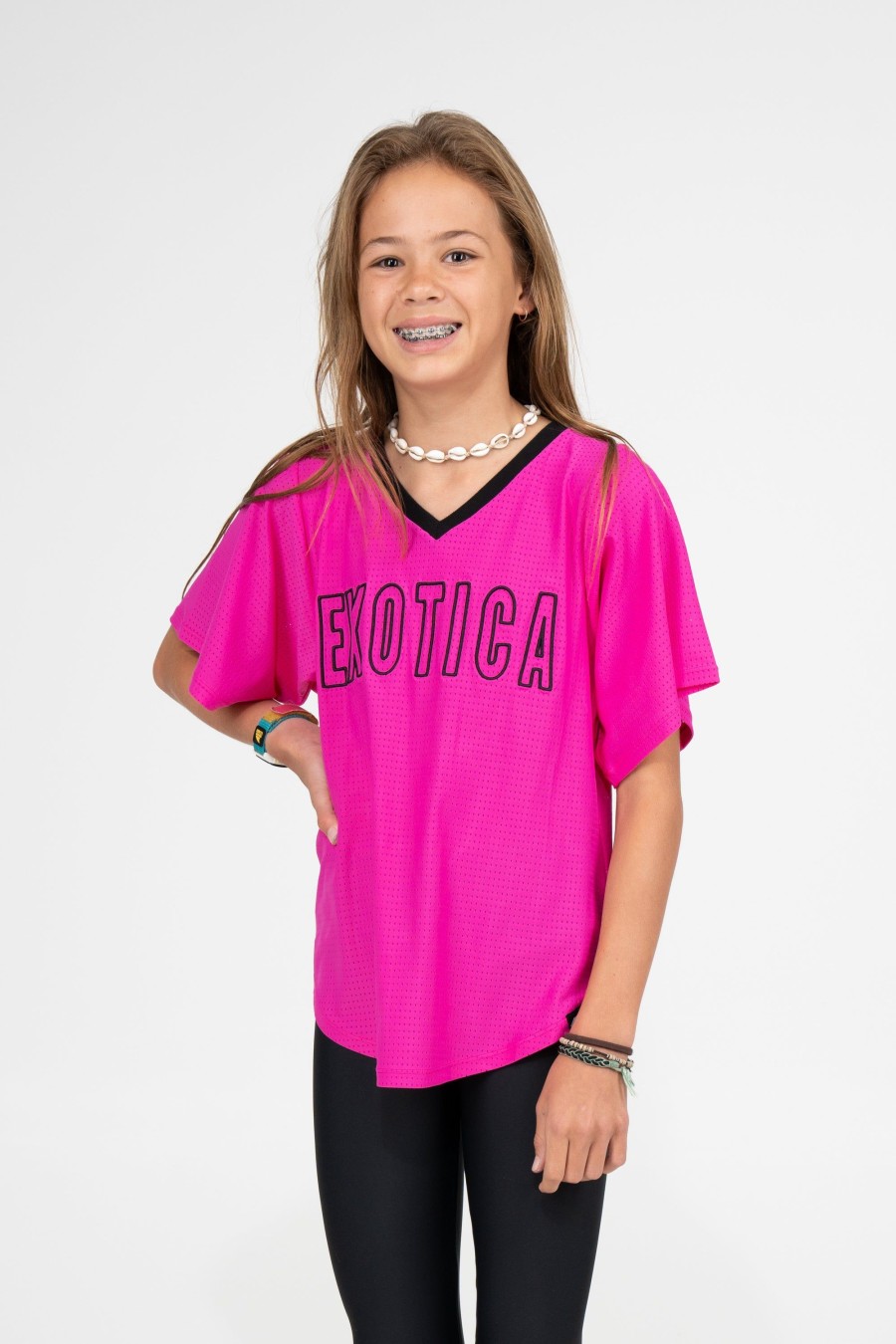 Kids R2W KIDS BOYFRIEND TEE | Pink Bball Mesh - Kids V Neck Exotica Black Embroidered Boyfriend Tee