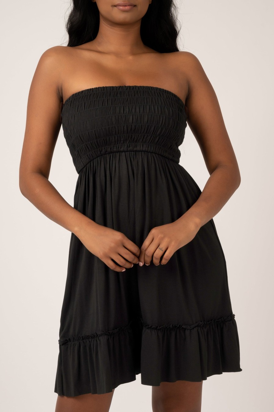 Women R2W DRESS | Black Slinky To Touch - Shirred Bandeau Mini Dress