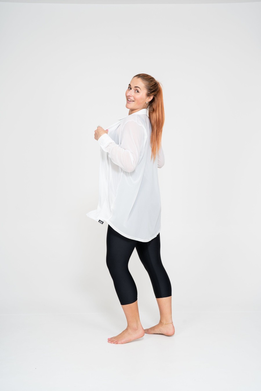 Women R2W BUTTON UP BOYFRIEND TEE | White Net - Long Sleeve Button Up Boyfriend Tee