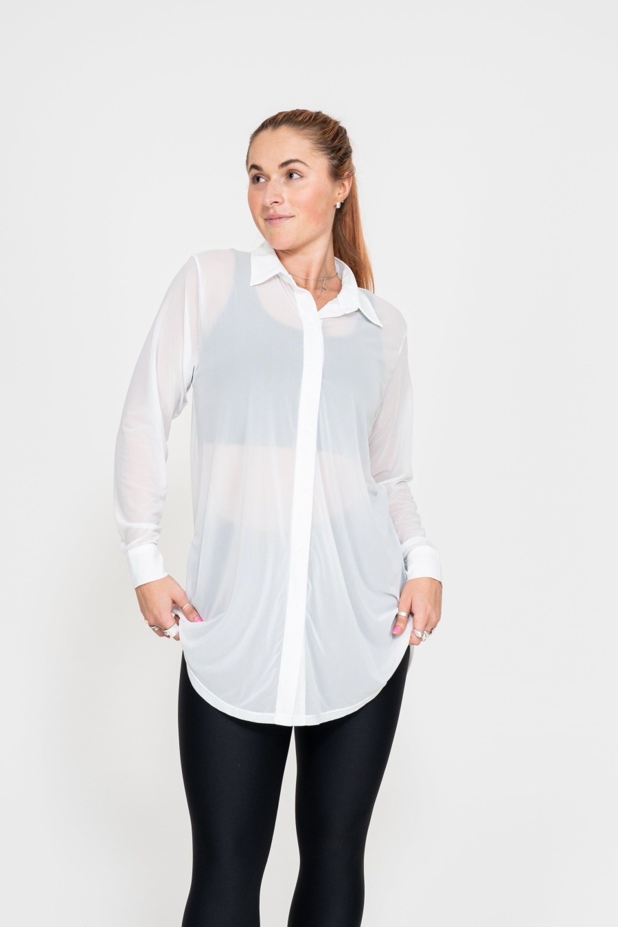 Women R2W BUTTON UP BOYFRIEND TEE | White Net - Long Sleeve Button Up Boyfriend Tee