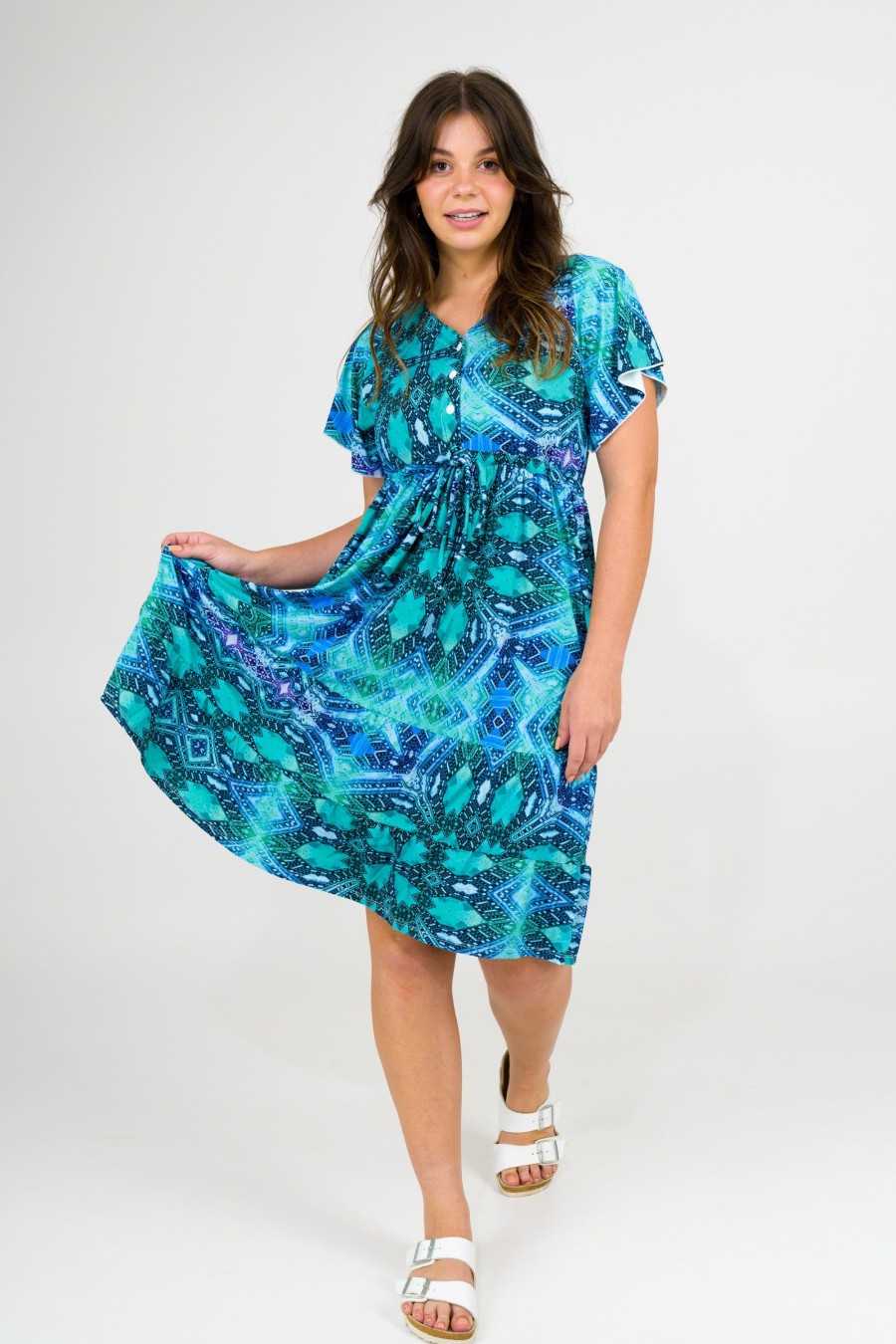 Women R2W DRESS | Enchantment Aqua Slinky Silky - Button Up Drawstring Midi Dress