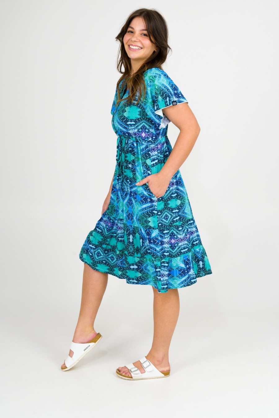 Women R2W DRESS | Enchantment Aqua Slinky Silky - Button Up Drawstring Midi Dress