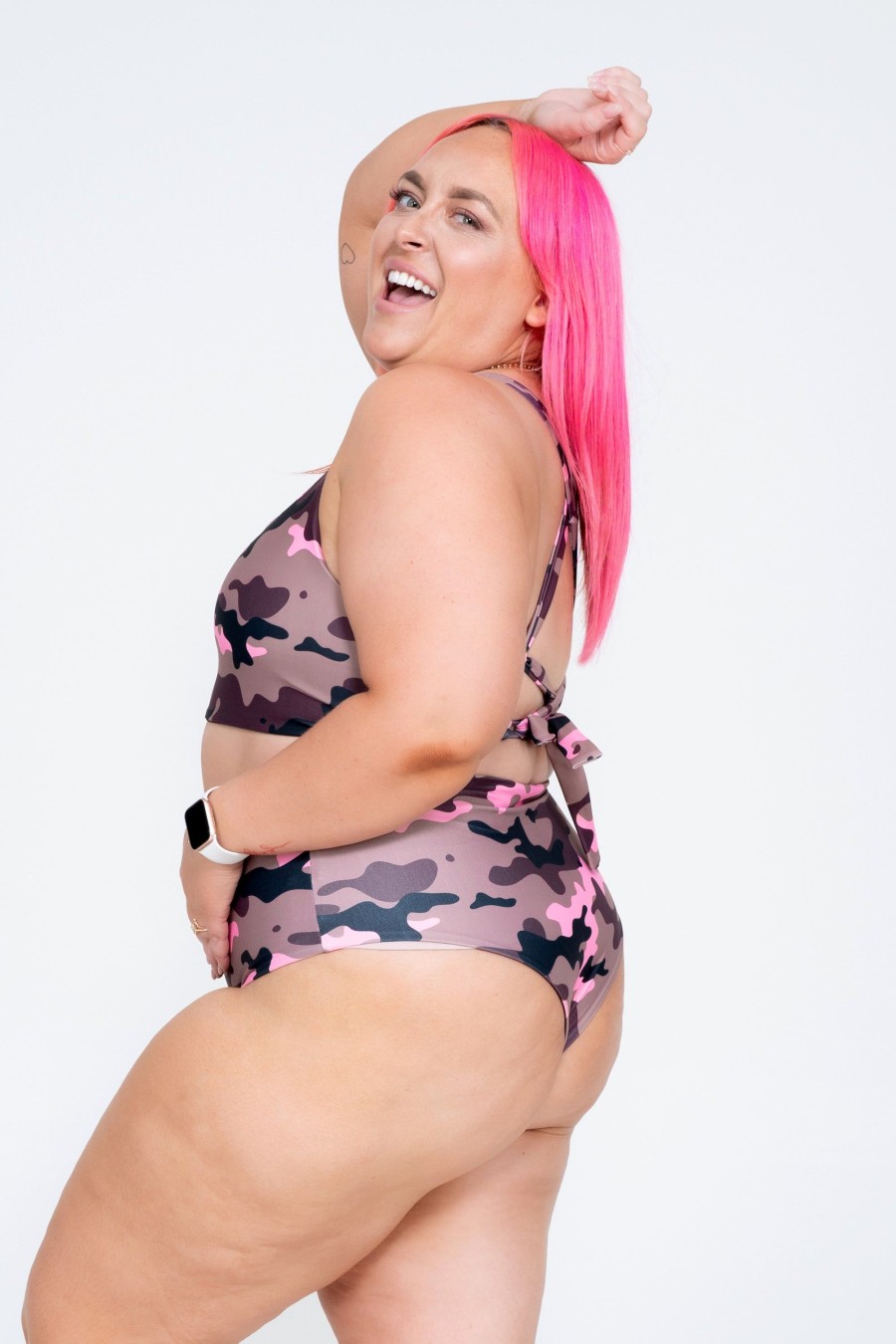 Women R2W BIKINI BOTTOMS | Camo Crush Pink Performance - High Waisted Cheeky Cut Bikini Bottoms