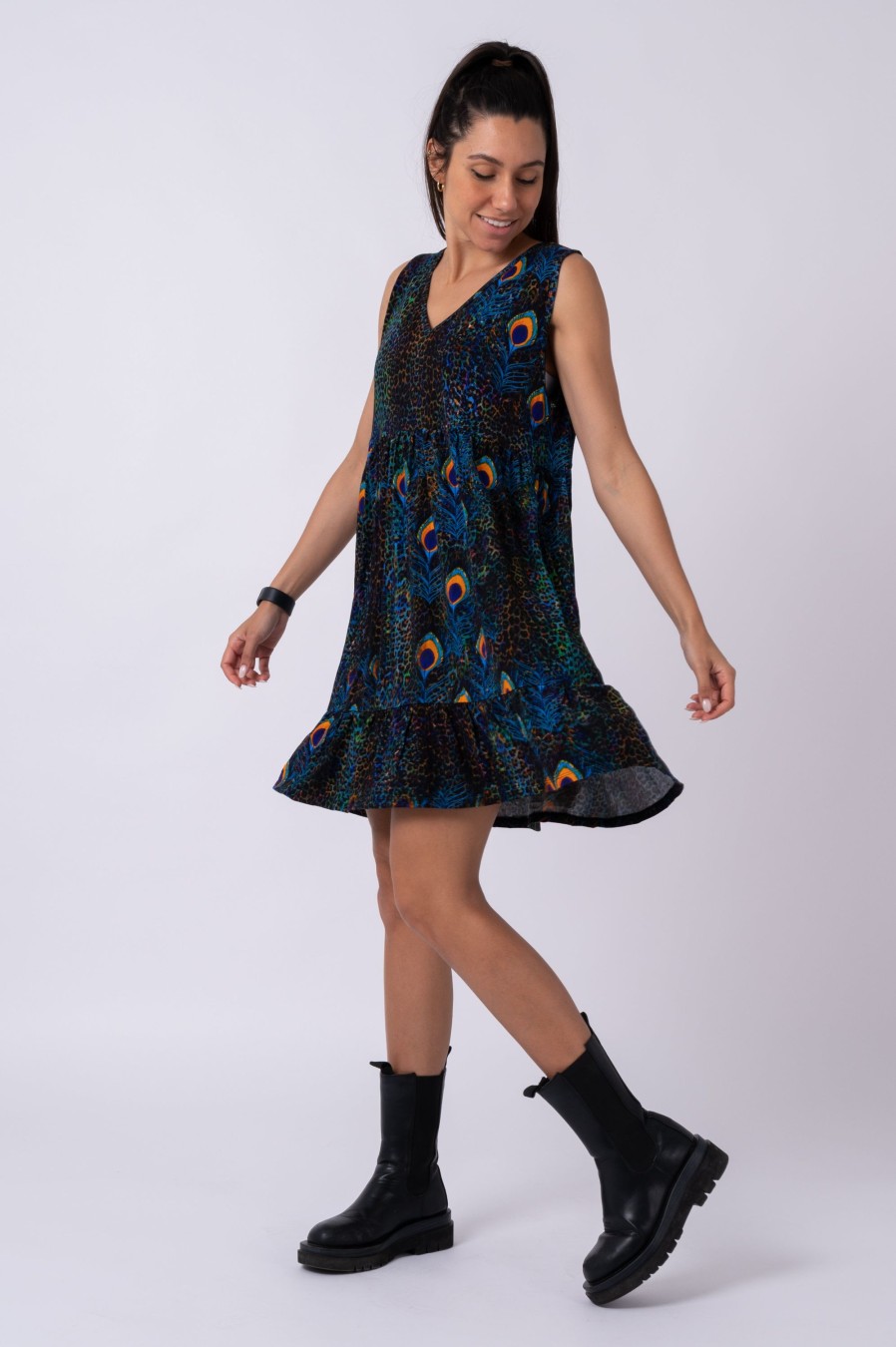 Women R2W DRESS | Rock Around The Peacock Slinky To Touch - Sleeveless Baby Doll Tiered V Neck Mini Dress