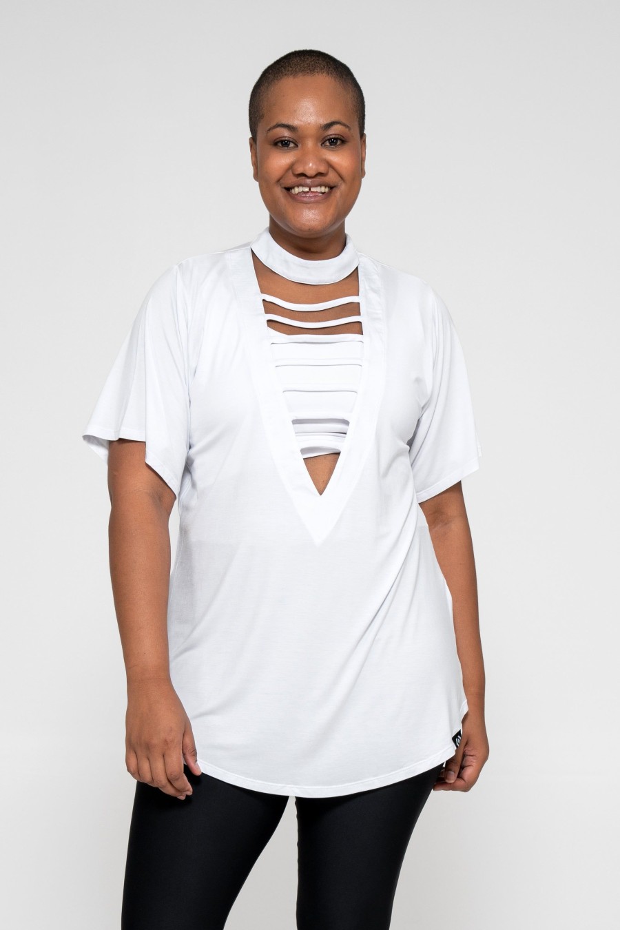 Women R2W BOYFRIEND TEE | White Slinky To Touch - Ladder V Front Boyfriend Tee