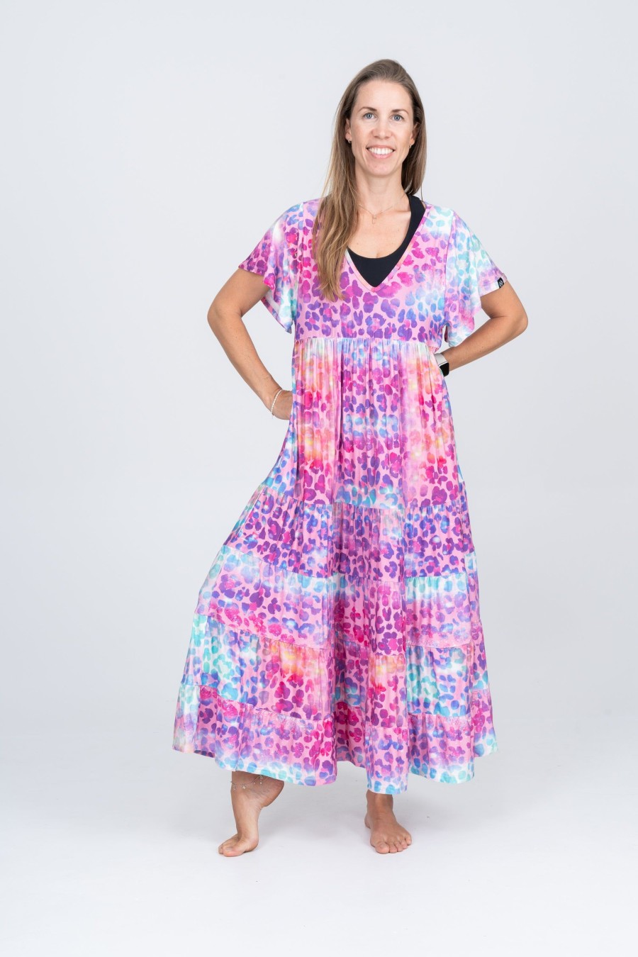 Women R2W DRESS | Rainbow Jag Slinky To Touch - Baby Doll Tiered V Neck Maxi Dress