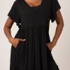 Women R2W DRESS | Black Slinky To Touch - Baby Doll V Neck Tiered Mini Dress