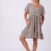 Women R2W DRESS | Speckle Jag Sand Slinky To Touch - Baby Doll V Neck Tiered Mini Dress