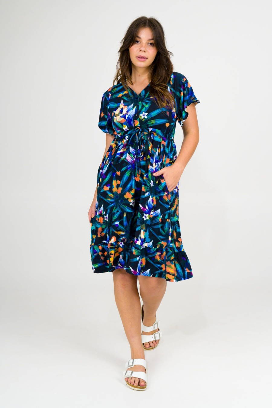 Women R2W DRESS | Down To Earth Slinky Silky - Button Up Drawstring Midi Dress