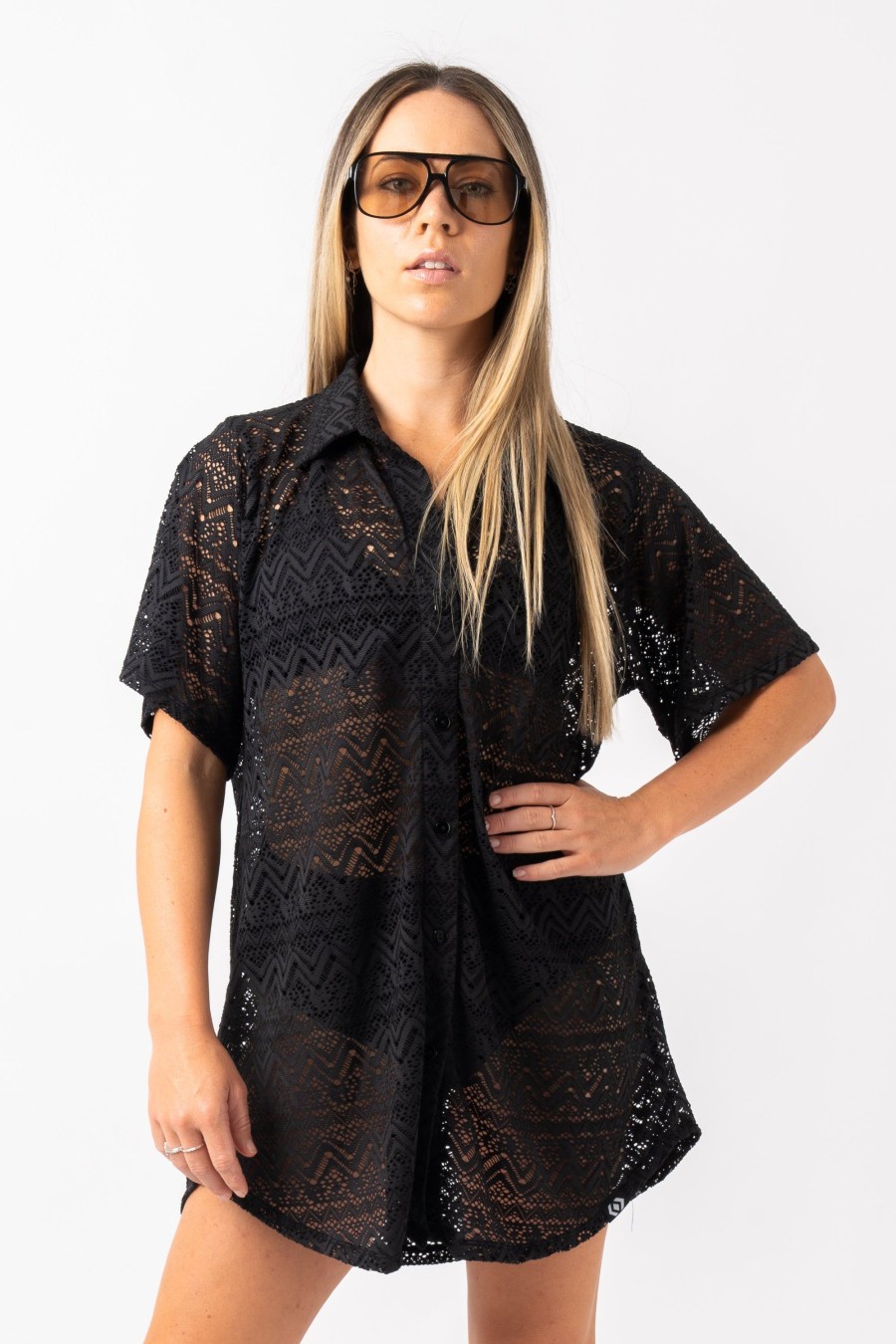 Women R2W BUTTON UP BOYFRIEND TEE | Black Bohemian Lace - Button Up Boyfriend Tee