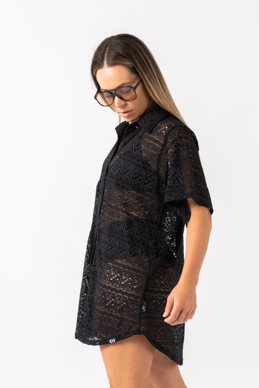 Women R2W BUTTON UP BOYFRIEND TEE | Black Bohemian Lace - Button Up Boyfriend Tee