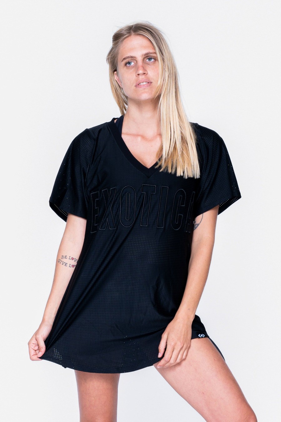 Women R2W BOYFRIEND TEE | Black Bball Mesh - V Neck Exotica Black Embroidered Boyfriend Tee