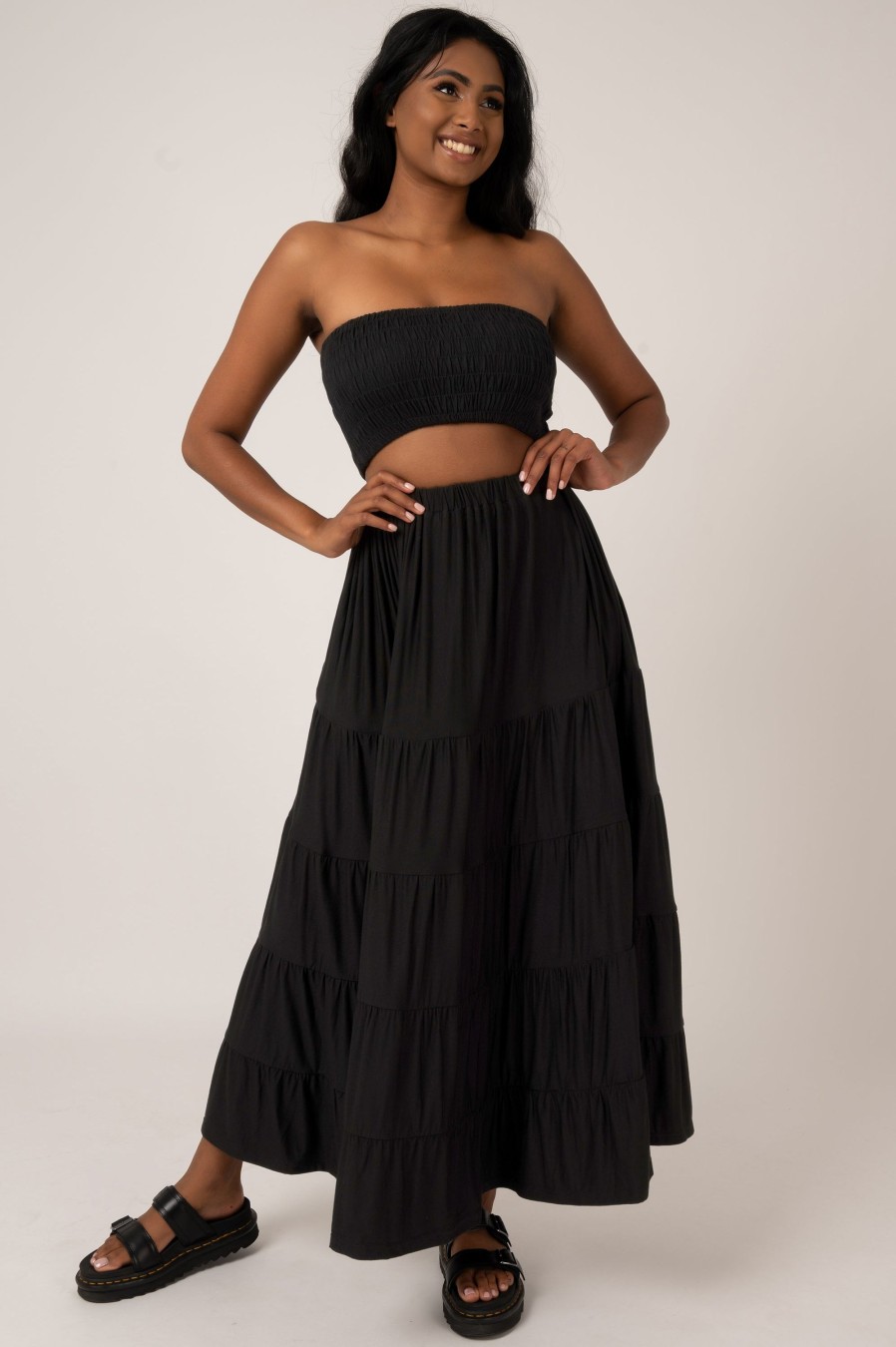 Women R2W SKIRT | Black Slinky To Touch - Tiered Maxi Skirt