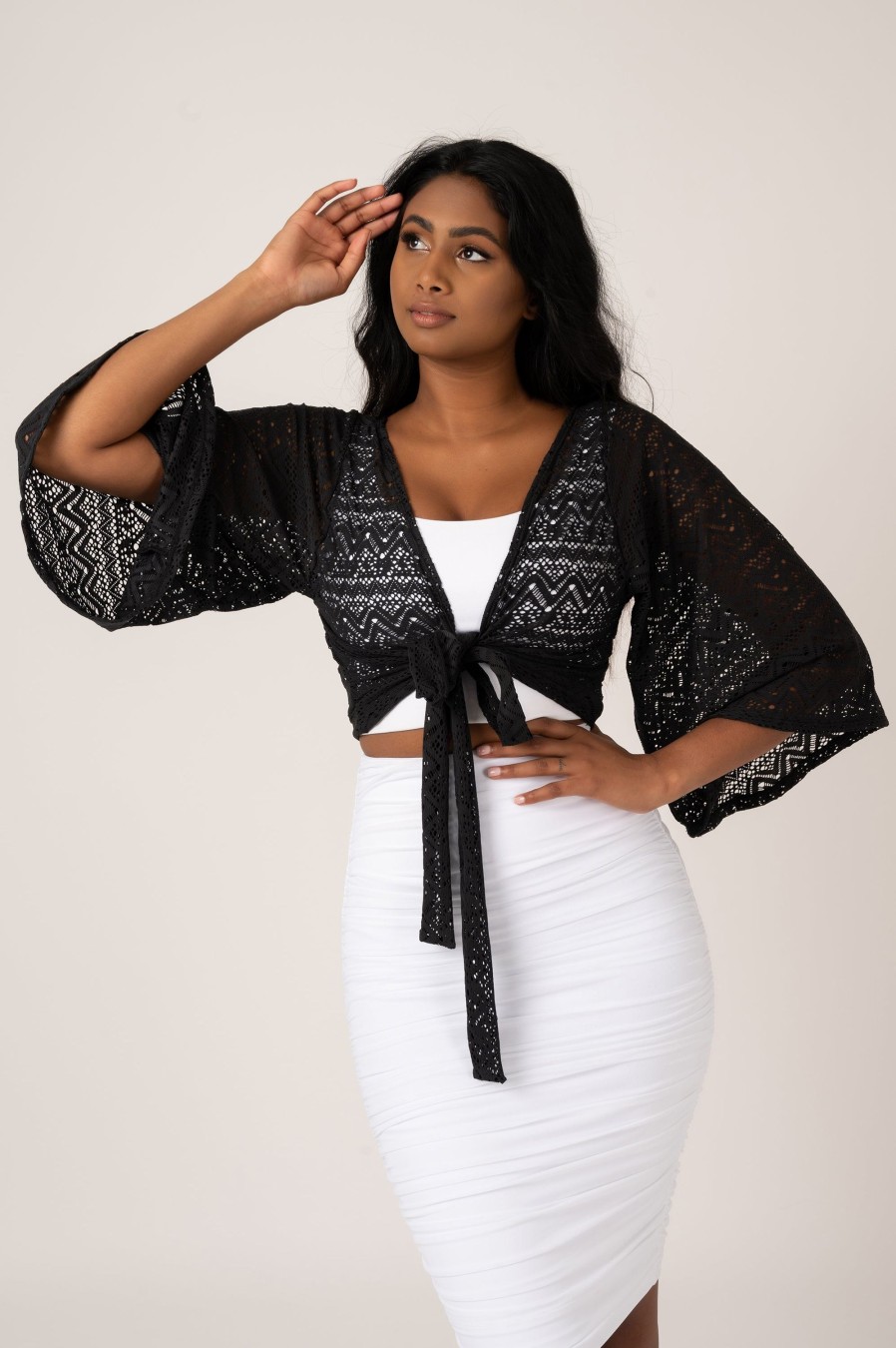 Women R2W BLOUSE | Black Bohemian Lace - Reversible Wrap Blouse W/ Long Bell Sleeves