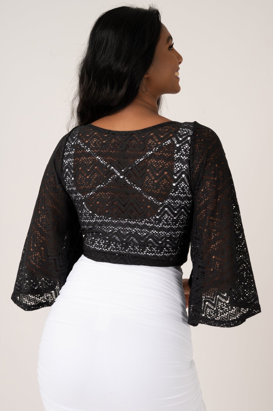 Women R2W BLOUSE | Black Bohemian Lace - Reversible Wrap Blouse W/ Long Bell Sleeves