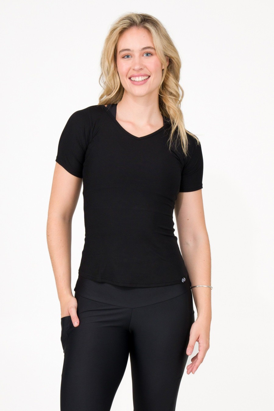 Women R2W FITTED TEE | Black Rib Knit - Fitted V Neck Tee