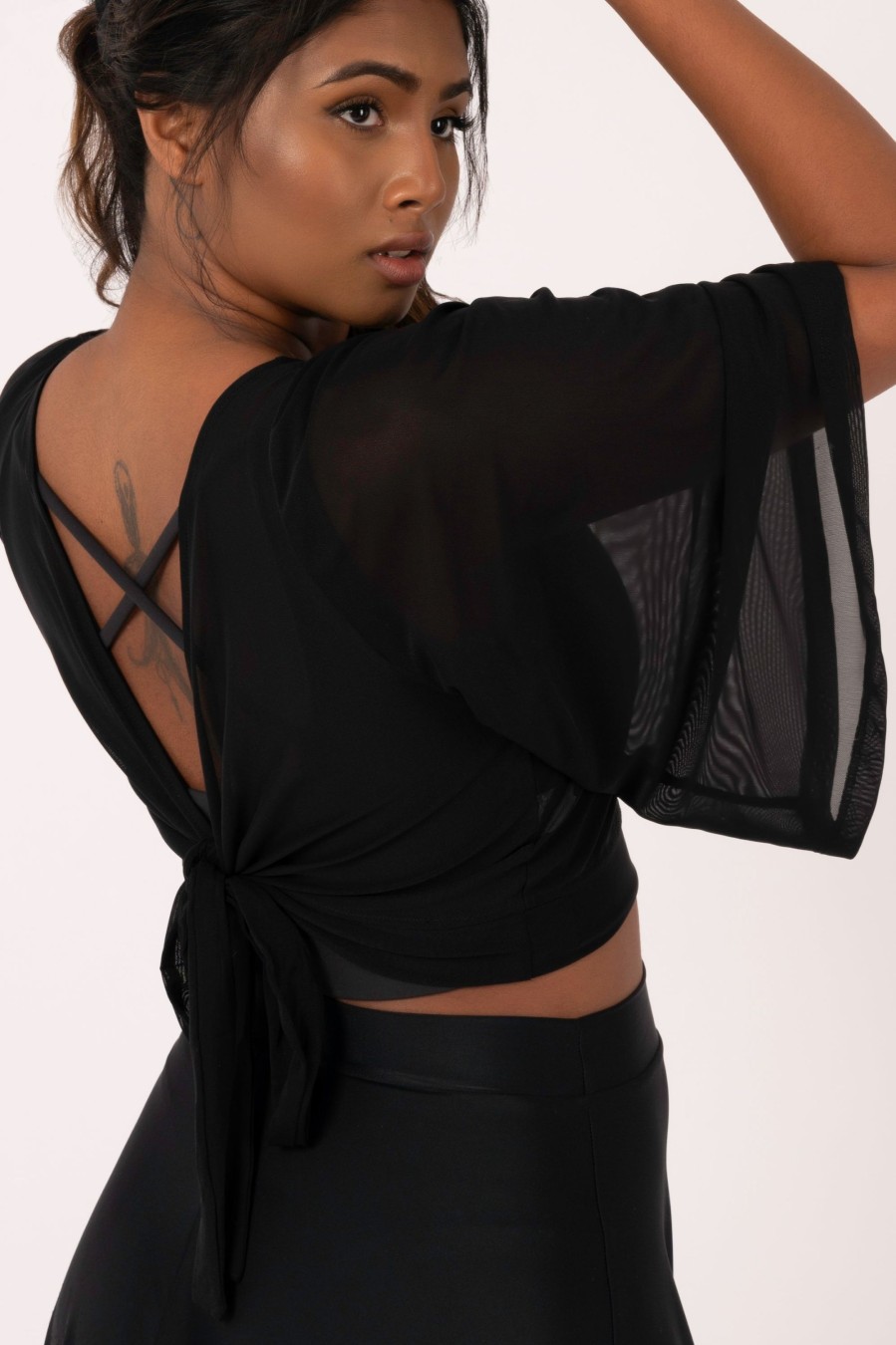 Women R2W BLOUSE | Black Net - Reversible Wrap Blouse W/ Long Bell Sleeves