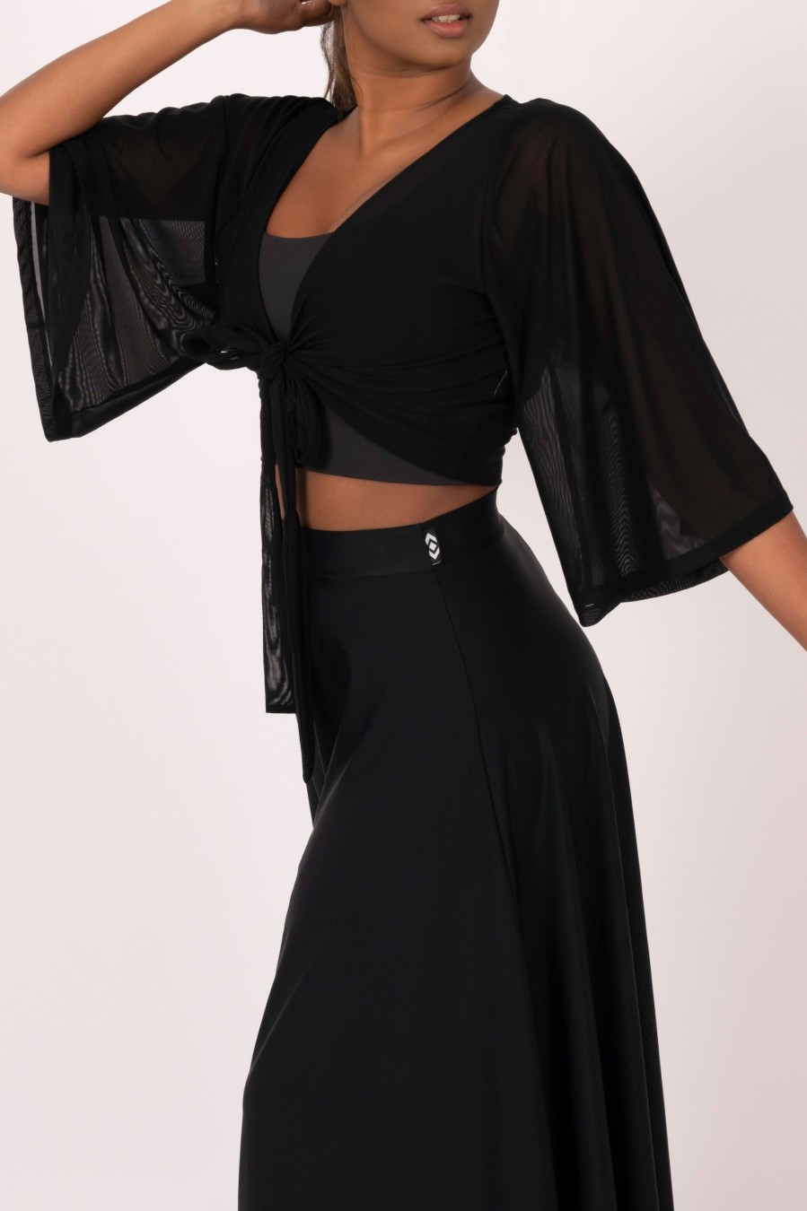 Women R2W BLOUSE | Black Net - Reversible Wrap Blouse W/ Long Bell Sleeves