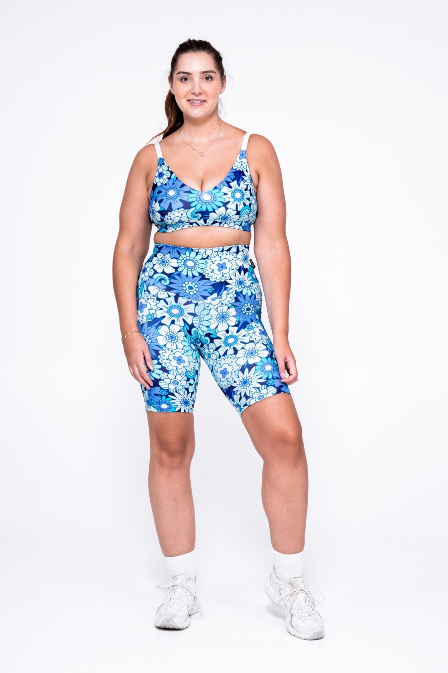 Women R2W LONG SHORTS | Serendipity Blue Body Contouring - Panel Pocket High Waisted Long Shorts