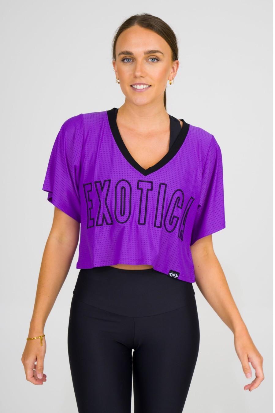 Women R2W BOYFRIEND TEE CROPPED | Purple Bball Mesh - V Neck Exotica Black Embroidered Cropped Boyfriend Tee