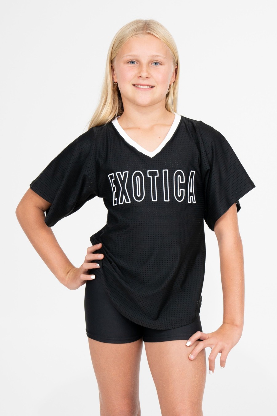 Kids R2W KIDS BOYFRIEND TEE | Black Bball Mesh - Kids V Neck Exotica White Embroidered Boyfriend Tee