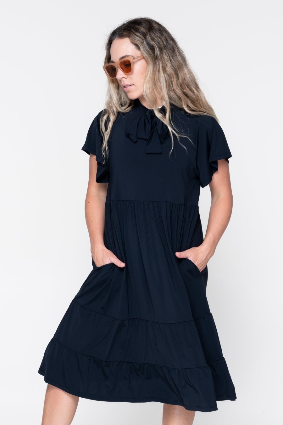 Women R2W DRESS | Black Slinky Silky - Boss Bish Tiered Midi Dress