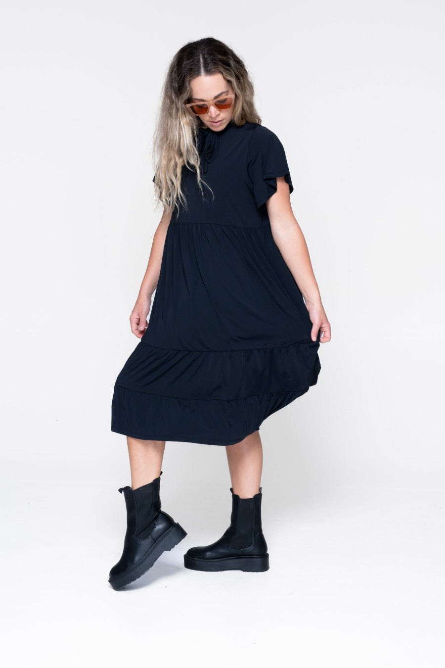 Women R2W DRESS | Black Slinky Silky - Boss Bish Tiered Midi Dress