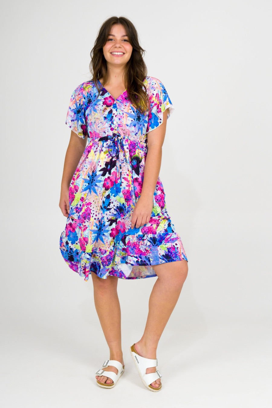 Women R2W DRESS | Blessings Slinky Silky - Button Up Drawstring Midi Dress