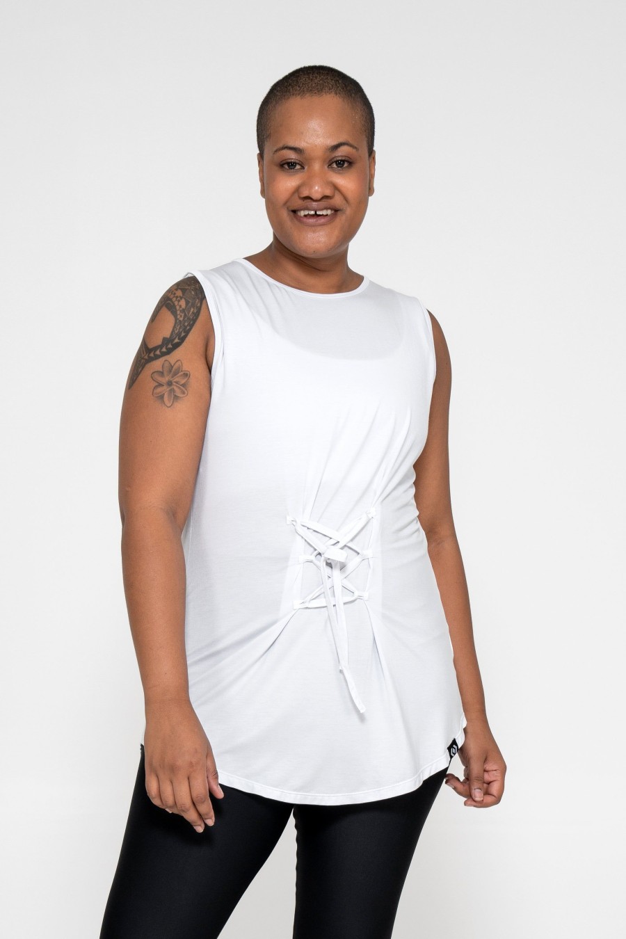 Women R2W BOYFRIEND TEE SLEEVELESS | White Slinky To Touch - Corset Front Sleeveless Boyfriend Tee