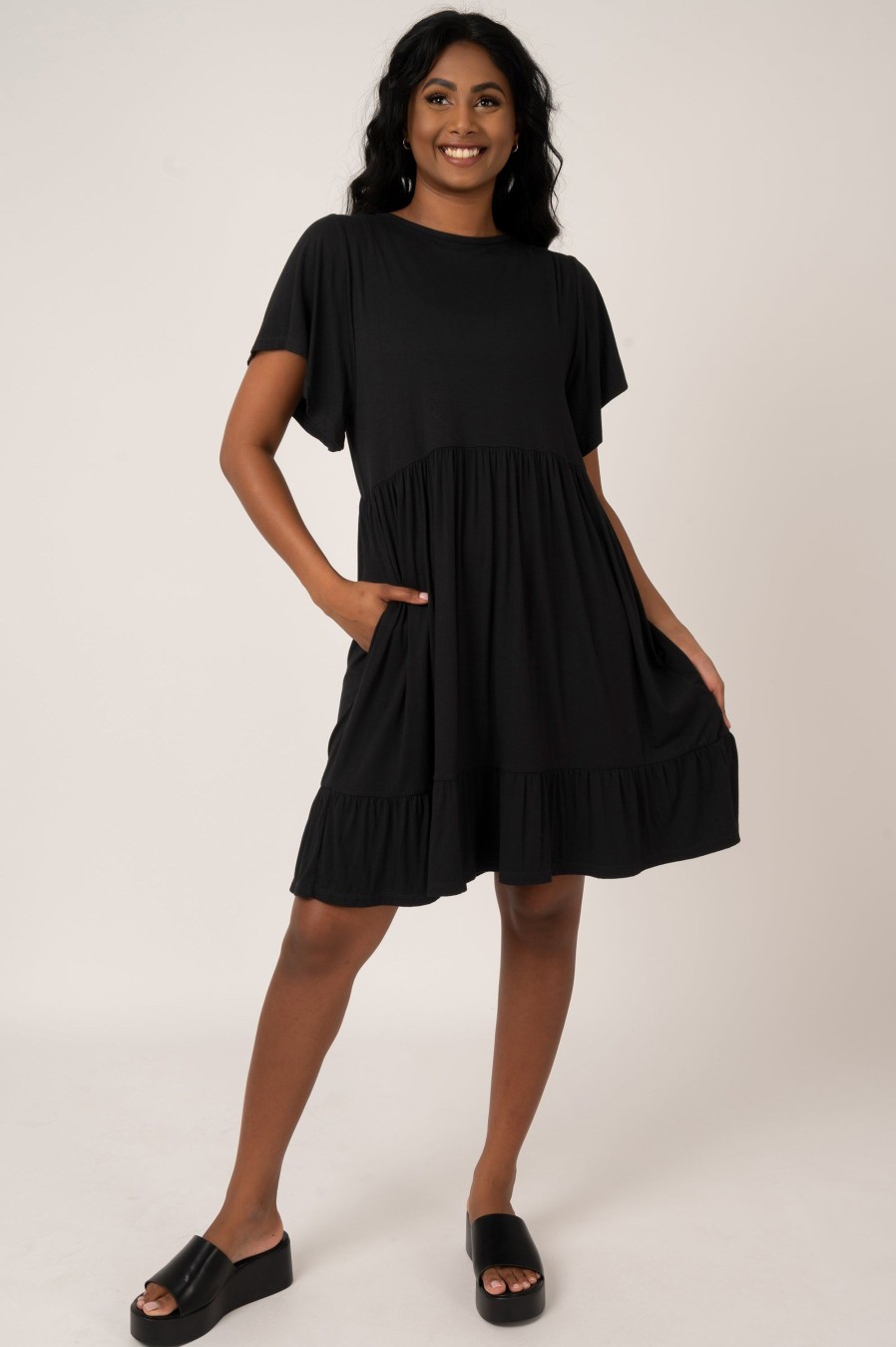 Women R2W DRESS | Black Slinky To Touch - Baby Doll Tiered Mini Dress